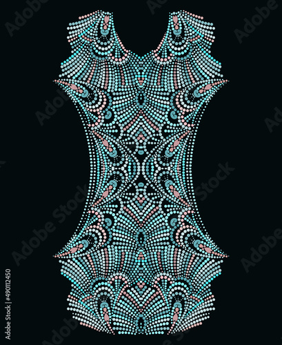 Neckline ethnic design. Dotted turquoise traditional pattern. Vector print with decorative elements and beads for embroidery, for women's clothing.