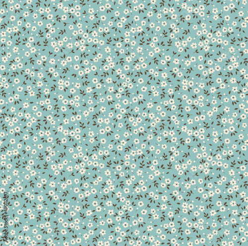 Cute floral pattern in the small flowers. Seamless vector texture. Elegant template for fashion prints. Printing with small ivory white flowers. Blue grey background.
