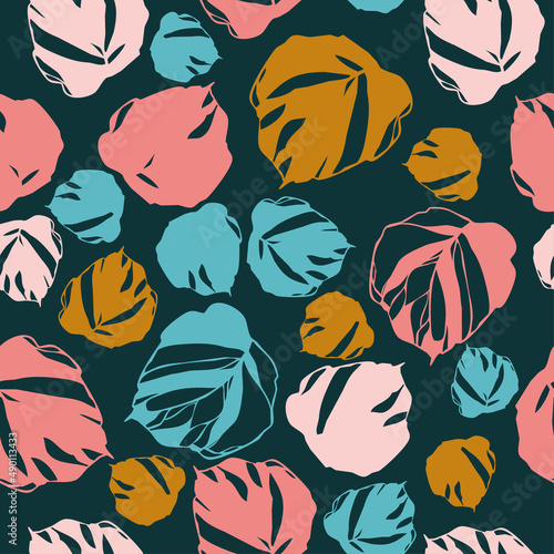 floral pattern with color leaves on a black background.