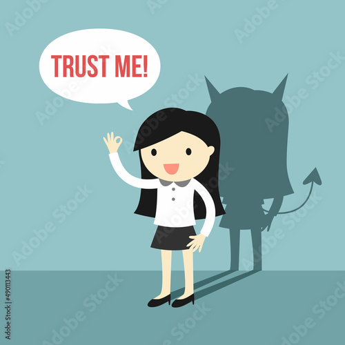Business woman says 'Trust me!', but she is an untrustable person. Vector illustration.