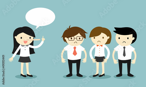 Business woman lying her colleagues. Vector illustration.
