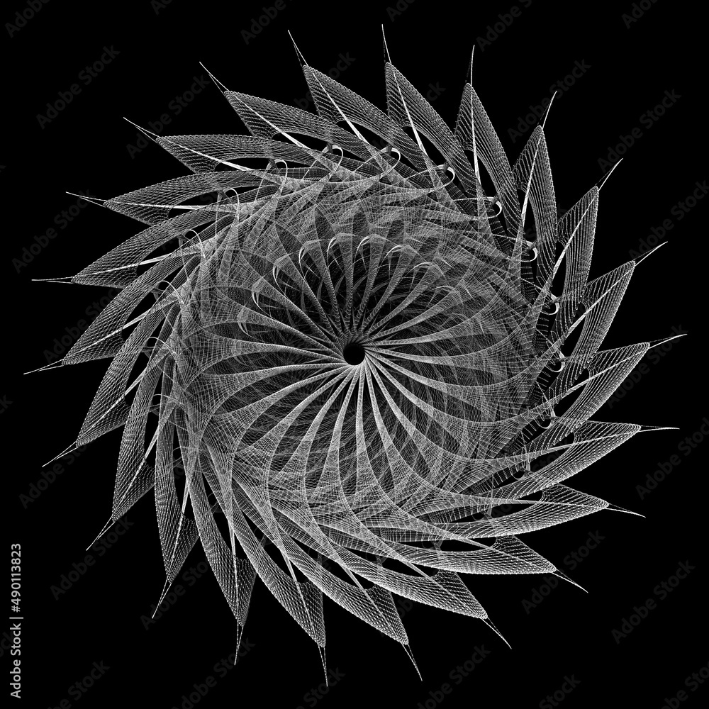Fototapeta premium 3d render of black and white monochrome abstract art with surreal symmetry fractal sun flower as turbine based on metal wire structure on isolated black background
