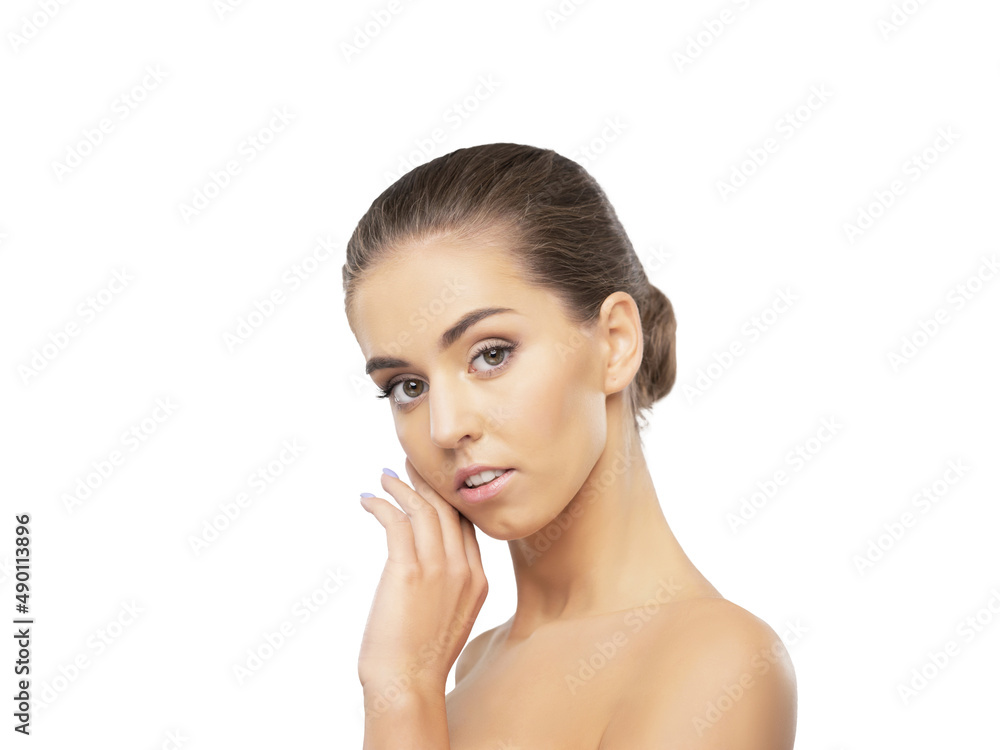 Studio portrait of a young, beautiful and healthy girl. Attractive female face isolated on white background. Studio portrait of a young, beautiful and healthy girl. Attractive female face isolated on white background.