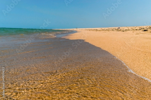 Calmas ondas chegando em praia de areias escuras em ilha deserta  com mar ao fundo e c  u azul  localizada em Cabr  lia  Bahia