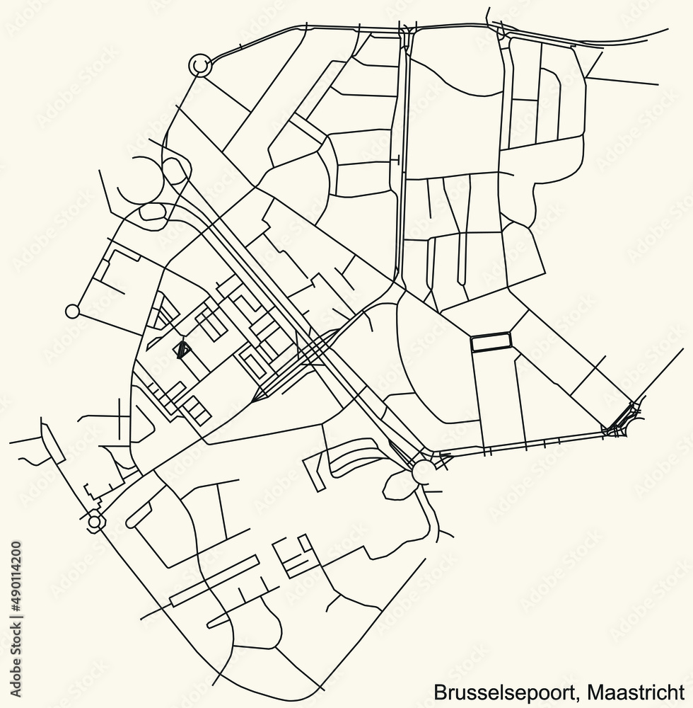 Detailed navigation black lines urban street roads map of the BRUSSELSEPOORT NEIGHBORHOOD of the Dutch regional capital city Maastricht, Netherlands on vintage beige background
