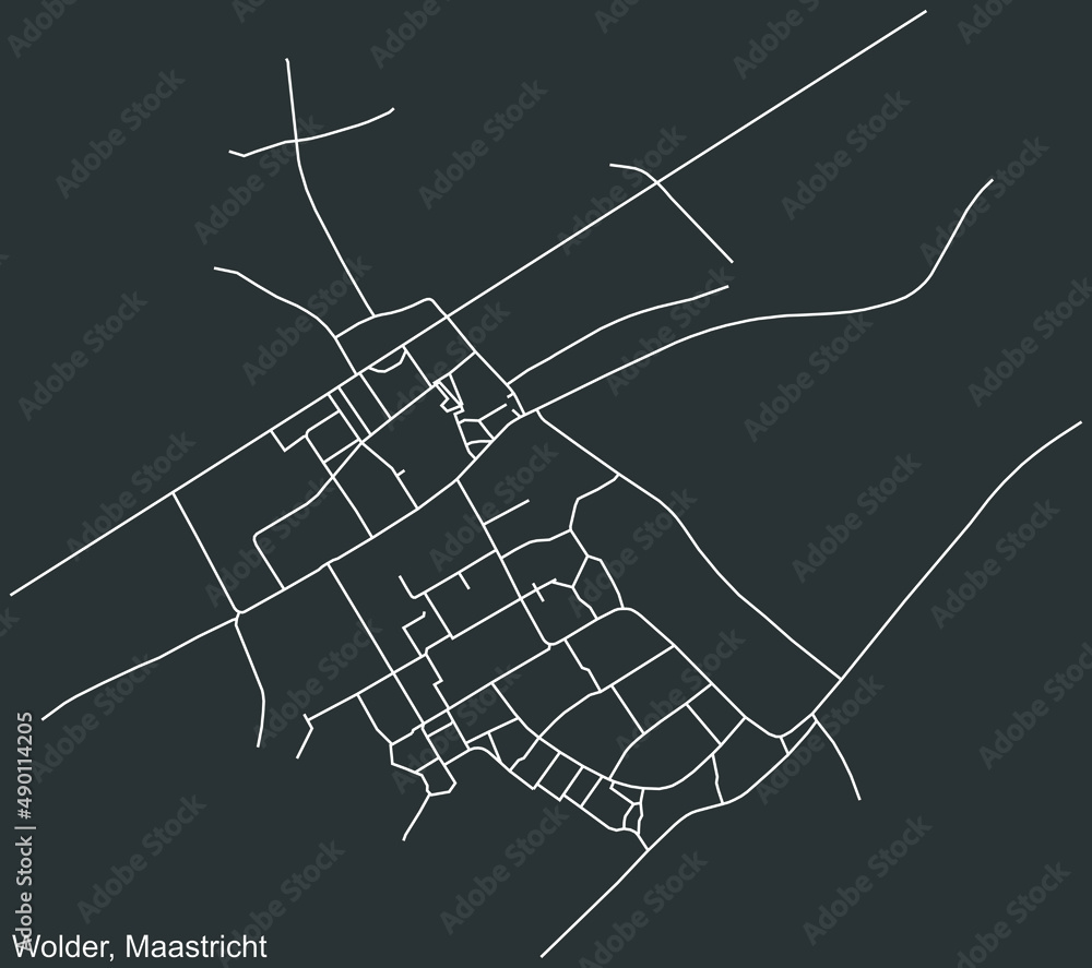 Detailed negative navigation white lines urban street roads map of the WOLDER NEIGHBORHOOD of the Dutch regional capital city Maastricht, Netherlands on dark gray background