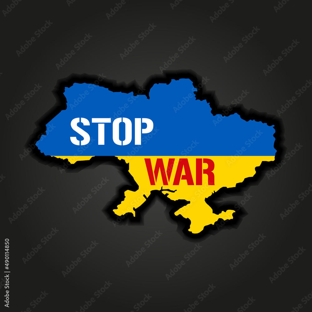 Stop war concept with prohibition sign on Ukraine map background of the map of Ukraine painted in the colors of the national flag. No war and military attack in Ukraine poster. Vector illustration.