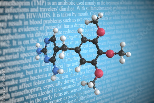 Trimethoprim scientific molecular model, 3D rendering