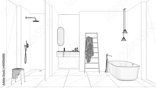 Blueprint project draft, modern minimalist bathroom, freestanding bathtub, washbasin with mirror and accessories, shower, ceramic tiles, pendant lamps, interior design concept © ArchiVIZ