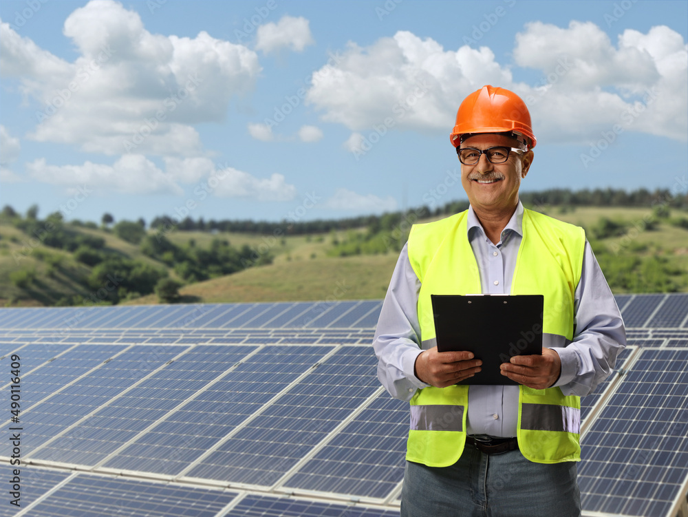 Smiling mature male engineer standing in front of solar panels