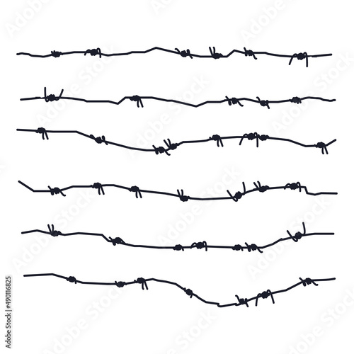 Black barbed wire set of fence on white background. Vector fence illustration. No war.
