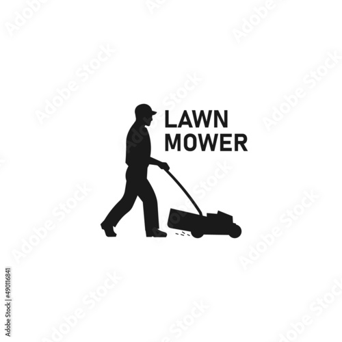 Lawn mowing worker or gardener standing or walking and holding mower black vector silhouette illustration.