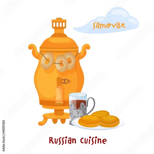 Traditional Russian cuisine. Drinking tea in Russia. Vector illustration
