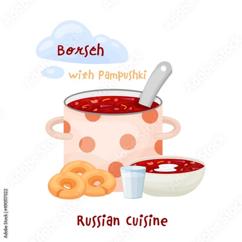Traditional Russian cuisine. Borsch, the most popular soup in Russia.