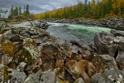 Russia. Eastern Sayans. Krasnoyarsk Territory. Bizarre rocks of uninhabited tributaries of the Kazyr River, which carries its waters into the Siberian Yenisei River.