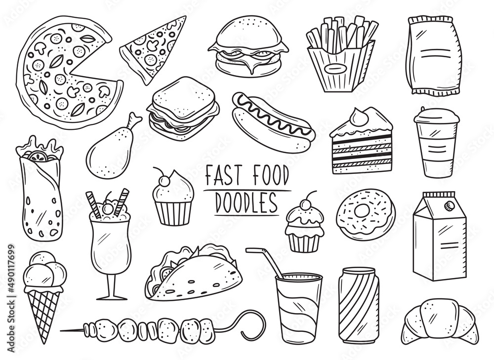 Set of outline fast food drawings. Doodle silhouettes of takeaway meals