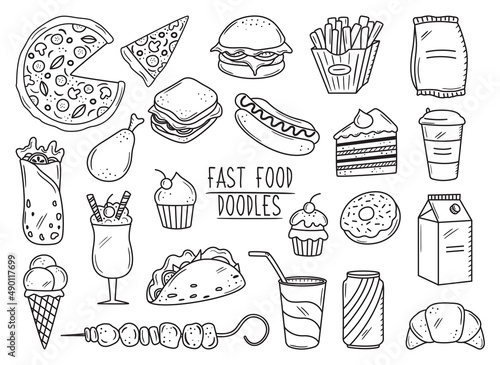 Set of outline fast food drawings. Doodle silhouettes of takeaway meals. Pizza, burger, sandwich, hotdog, ice cream, taco, soda and other elements. Black line vector illustration