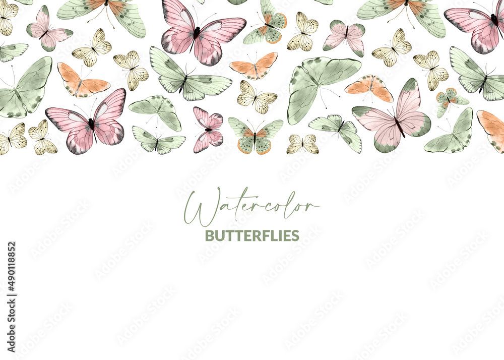 Bordure with watercolor illustrated butterflies