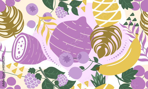 seamless pattern vegetables and fruits, Taro, Banana, Pineapple, Mulberry,  Blueberry, Grape and leaf