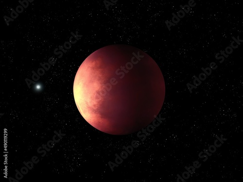 Mars-like planet in space. Red exoplanet in the Milky Way galaxy. Alien desert planet. 