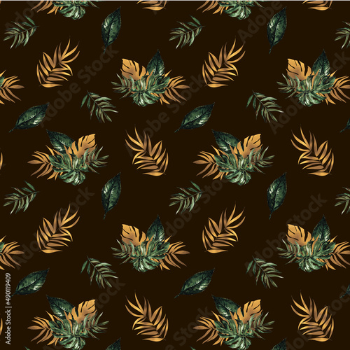 Watercolor seamless pattern with tropical leaves with gold