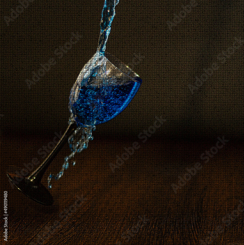 высокий бокал на длинной тонкой ножке, с голубой водой и выплескивающимися брызгами, готовый к вышивке