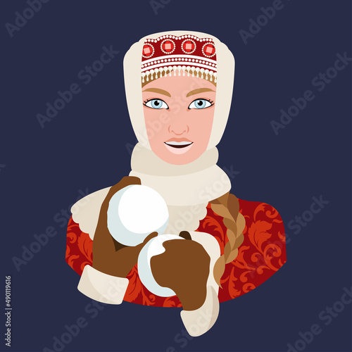 A portrait of a young woman in a historical red jacket and a down scarf with a kokoshnik holds snow globes in her hands. Historical vector character.