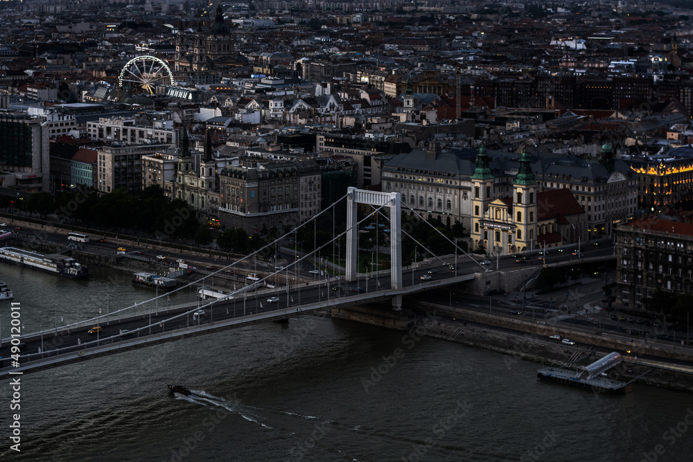 View of the eastern part of the city of Budapest and the Erzsebet bridge from Gellert mountain, Hungary late at night.