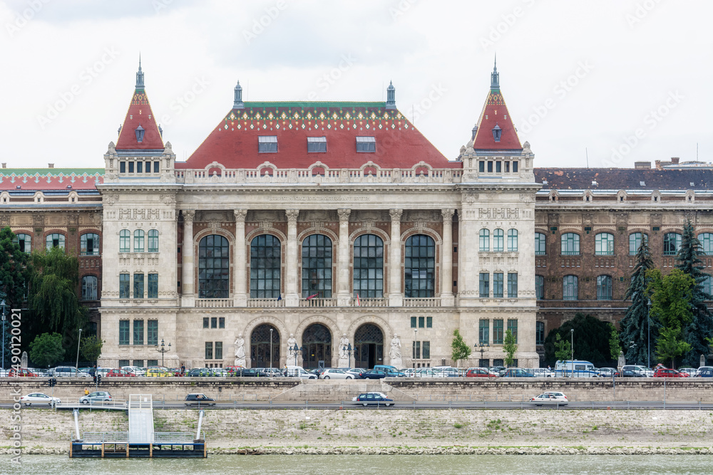 View of the Danube embankment and the building of the University of Technology and Economics in Budapest, Hungary.