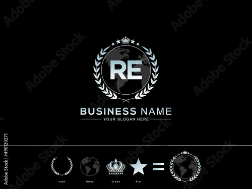 Initial RE Logo, Monogram re Letter Icon with Colorful circle Leaf Globe Royal Crown and Star Logo Image Vector