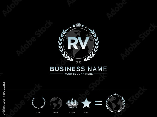Initial RV Logo, Monogram rv Letter Icon with Colorful circle Leaf Globe Royal Crown and Star Logo Image Vector