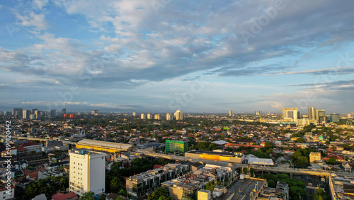 Aerial view of Jakarta Central Business District shot from a drone at sunrise. Jakarta, Indonesia, March 2, 2022
