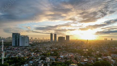 Aerial view of Jakarta Central Business District shot from a drone at sunrise. Jakarta, Indonesia, March 2, 2022