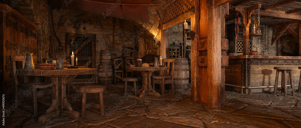 Wide panoramic view of fantasy medieval tavern inn interior. 3D rendering.