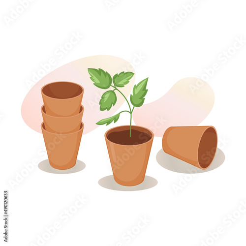 Ceramic clay flower pots. Young green sprout, seedlings in plant pot. Gardening, floriculture, growing plants. Vector illustration for postcards, posters, banners