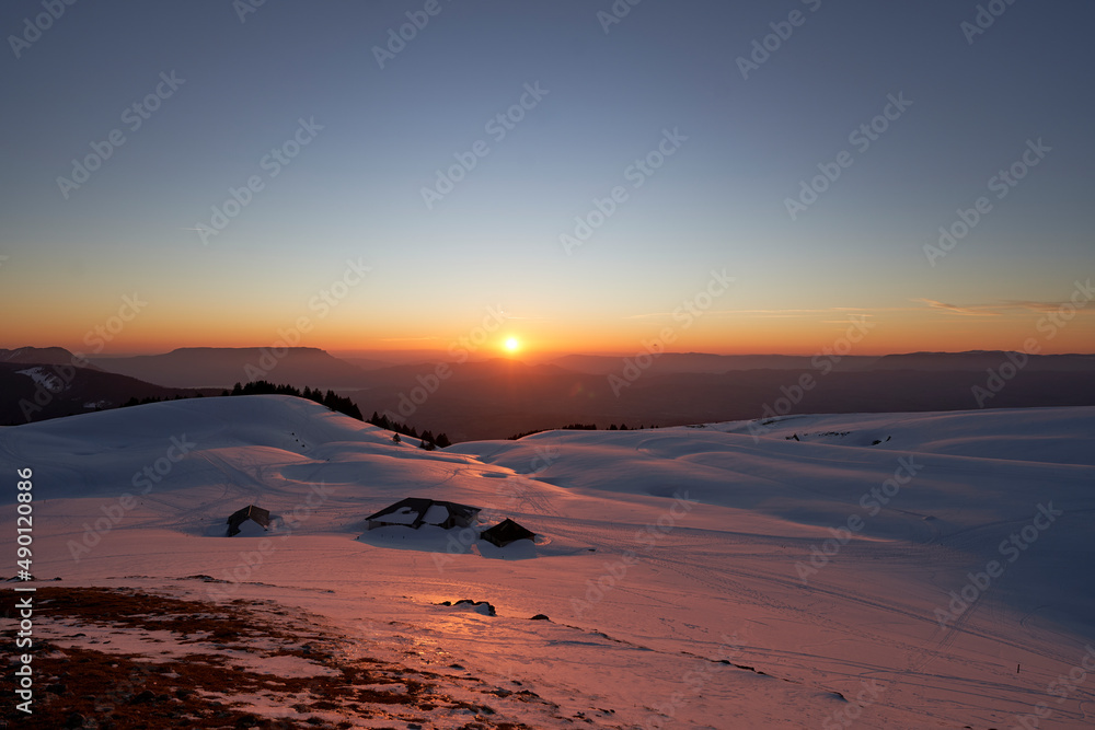 View from top of mountain on sunset in France, Semnoz