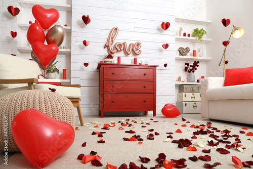 Cozy living room decorated for Valentine's Day