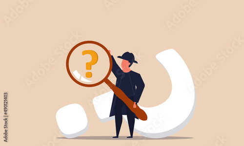 Evidence investigate with search magnify glass and police criminal inspector. Information report vector illustration concept. Work research and searching murder forensic. Detective finding crime
