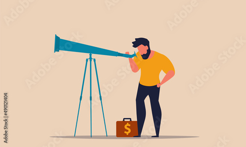 See ahead business and look to future career on telescope. Investment arrow goal and management vector illustration concept. Motivate rise and vision opportunity leadership. Forecast direction job