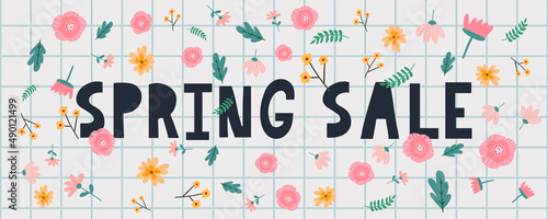 Spring sale typography banner Lettering spring season with leaf for greeting card, invitation template. Retro, vintage lettering banner poster template background, Sale, offer