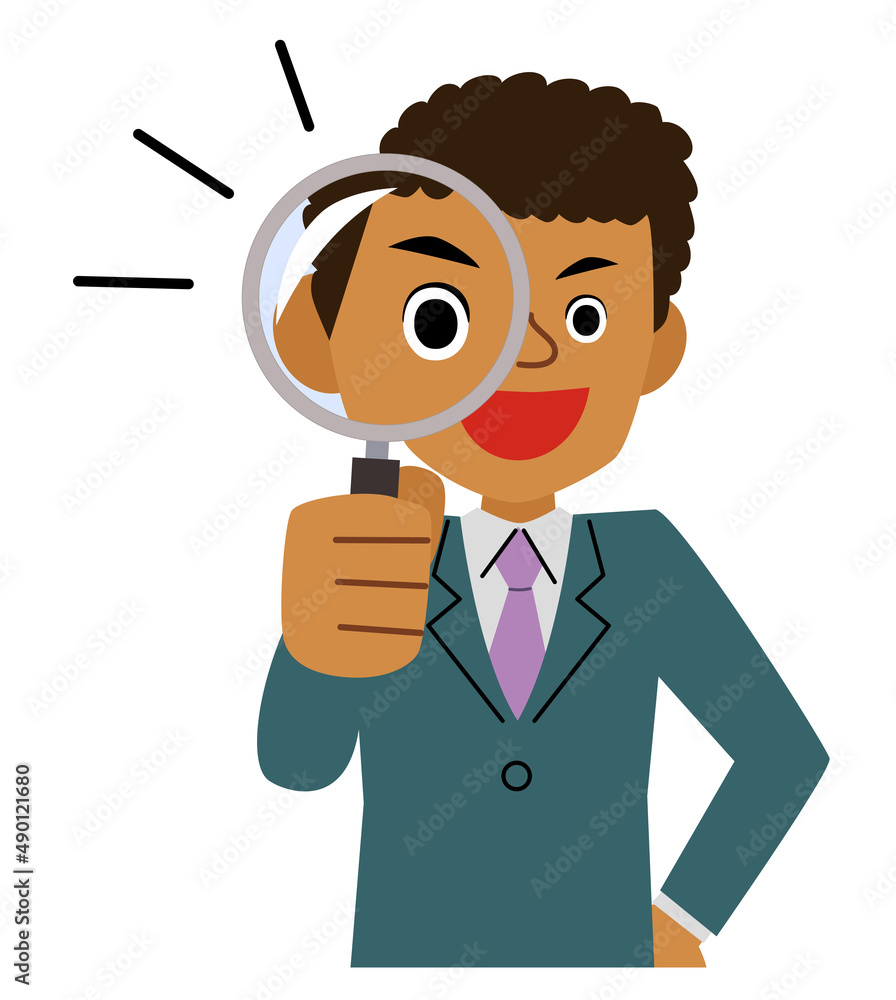 Black businessman looking through magnifying glass Black businessman looking through magnifying glass