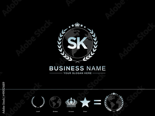 Creative SK s k Vector Icon Letter Logo, sk Letter with circle Leaf Globe Royal Crown and Star Logo Image For all kind of use