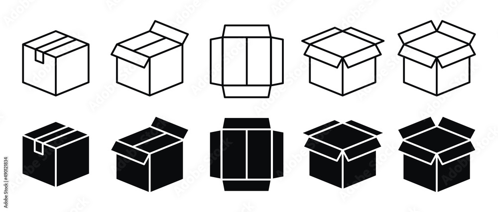 Box delivery icon set. Shopping package box. Cardboard box icons in flat style. Vector illustration. - obrazy, fototapety, plakaty 