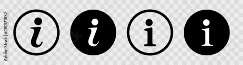 Info icon collection. Information icons set isolated on transparent background. Black bubbles info button. Info flat simple symbol. Vector illustration.