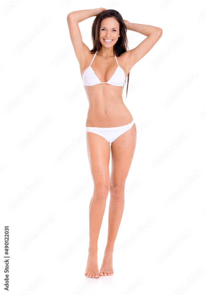 Shes in awesome shape for summer. Full length studio shot of a beautiful brunette model in a bikini isolated on white. Shes in awesome shape for summer. Full length studio shot of a beautiful brunette model in a bikini isolated on white.