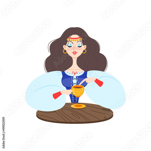 Fortune teller female character. Cartoon illustration of a beautiful girl telling the future using coffee grounds isolated on a white background. Vector 10 EPS.
