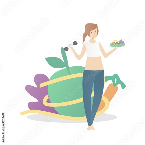 Lose weight,set yourself up for weight loss success,Diet and Exercise,Fit Body,healthy food,detox,nutrition and natural,Woman lifting dumbbells and fruit and vegetable salad,Vector illustration.