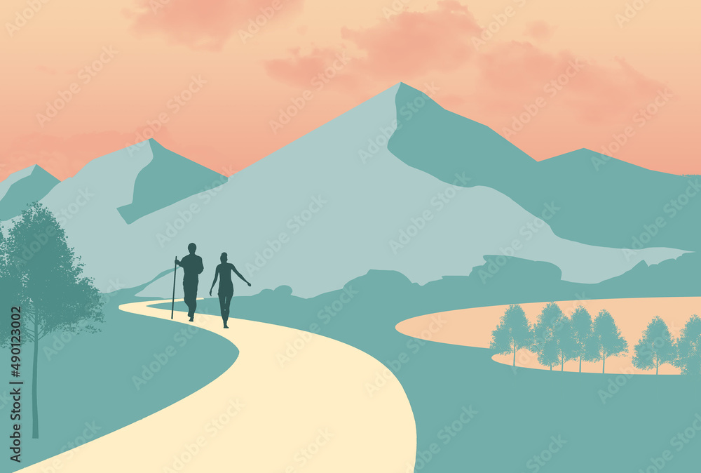 A man and woman are seen hiking down a trail in the foothills of the mountains in this 3-d illustration.