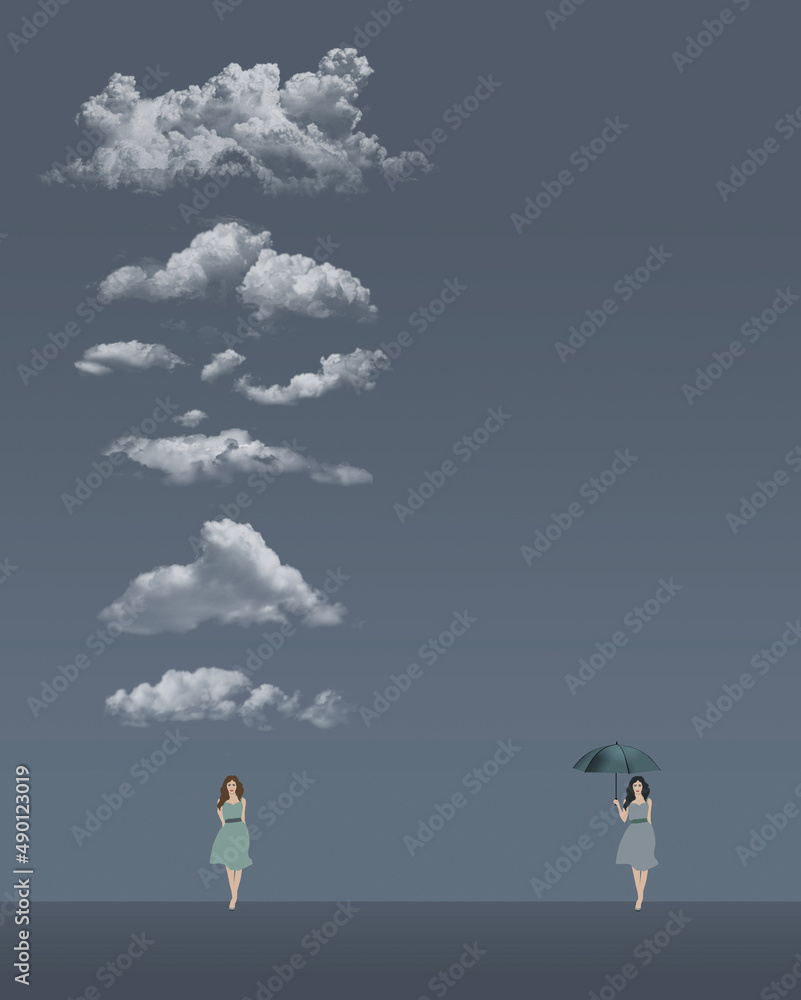 A woman under clouds has no umbrella, another under a clear sky carries an umbrella. They are examples of a pessimist and an optimist. 3-d illustration. A woman under clouds has no umbrella, another under a clear sky carries an umbrella. They are examples of a pessimist and an optimist. 3-d illustration.