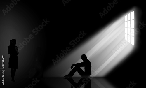 Living with someone with depression is illustrated with a man seated on the floor head down and a woman observing him. This is a 3-d illustration.